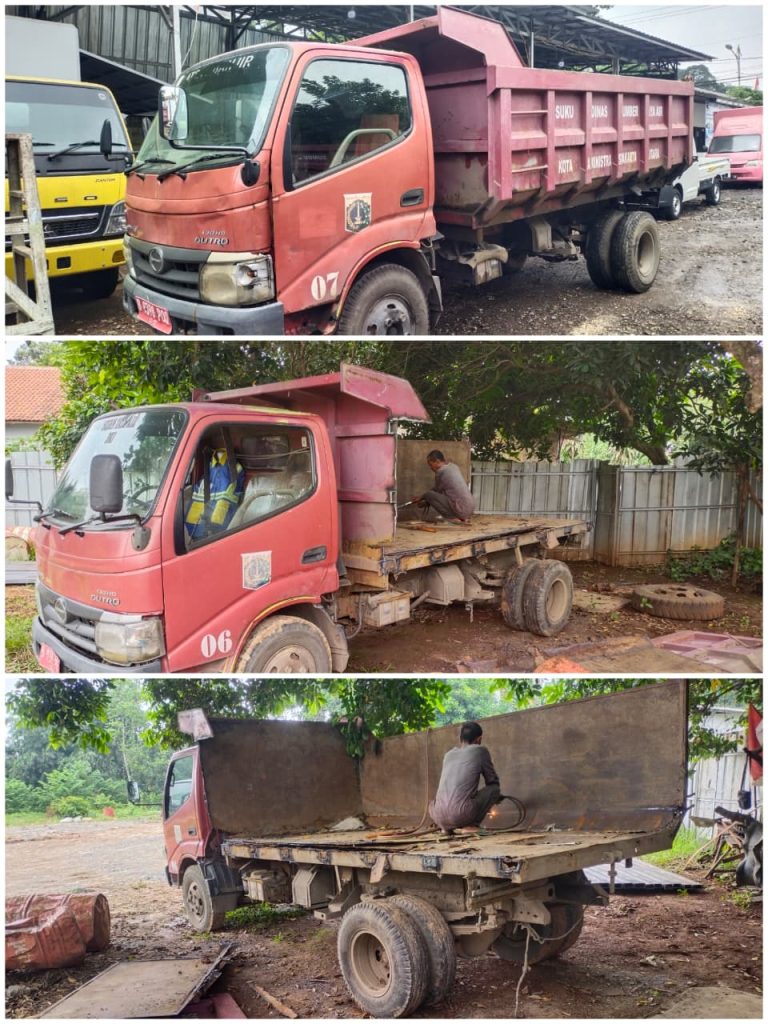 pemasangan subframe dan mounting karoseri truk di workshop